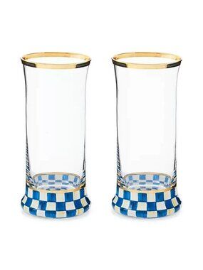 MacKenzie-Childs Royal Check Highball Glasses Set of 2 Gold Rim NEW
